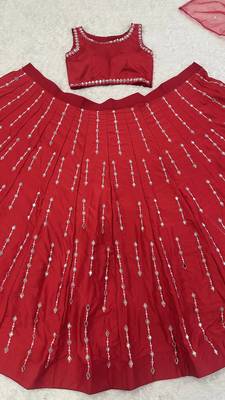 red color thread real mirror work satin silk blend lehenga Choli Set 4