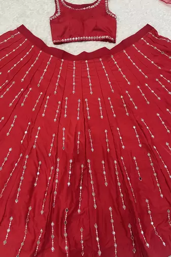red color thread real mirror work satin silk blend lehenga Choli Set