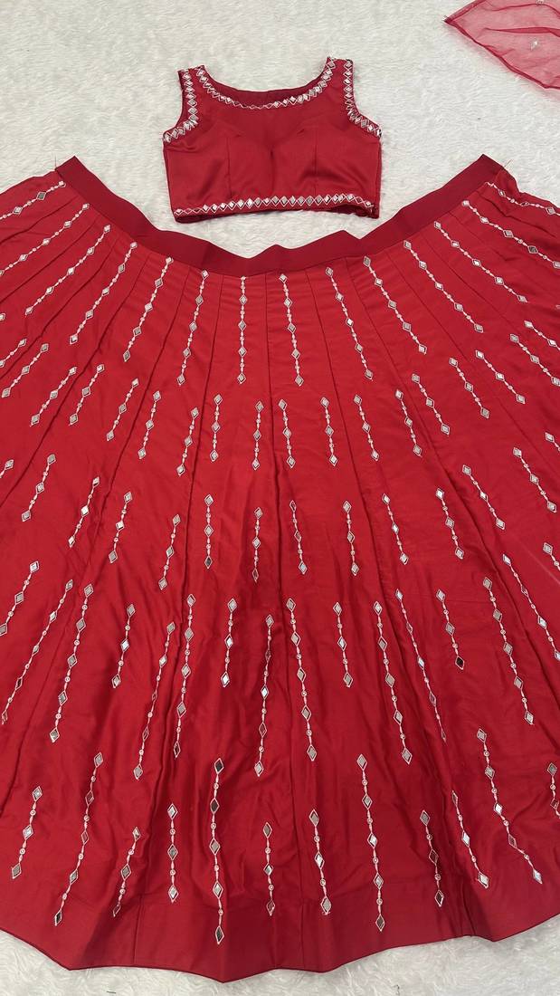 red color thread real mirror work satin silk blend lehenga Choli Set