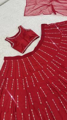 red color thread real mirror work satin silk blend lehenga Choli Set 5