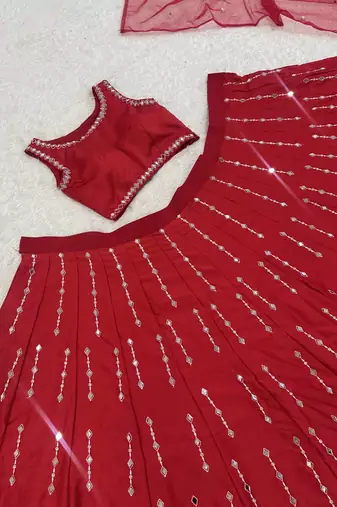 red color thread real mirror work satin silk blend lehenga Choli Set