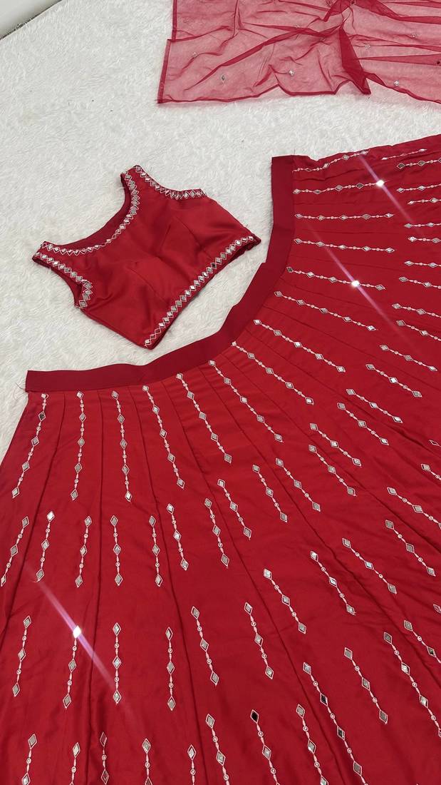 red color thread real mirror work satin silk blend lehenga Choli Set