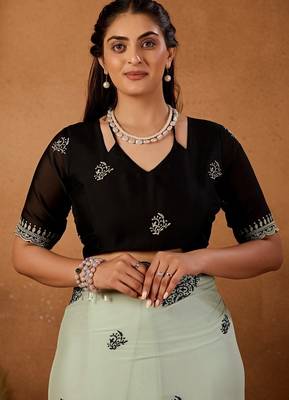 Light pista rangoli madala art embroidered saree 4