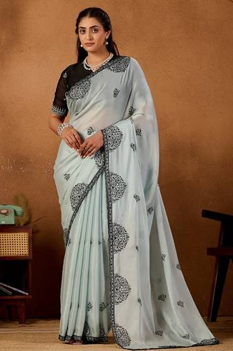 Light sky blue rangoli madala art embroidered saree