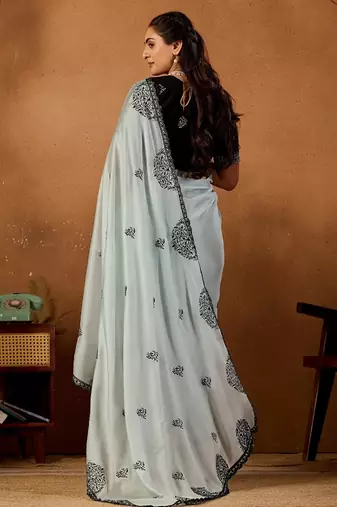 Light sky blue rangoli madala art embroidered saree