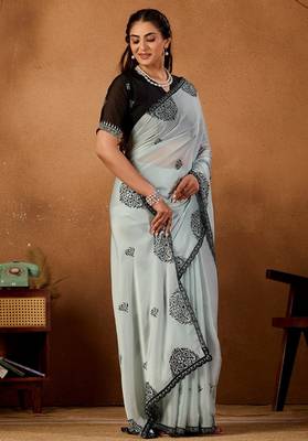 Light sky blue rangoli madala art embroidered saree 3