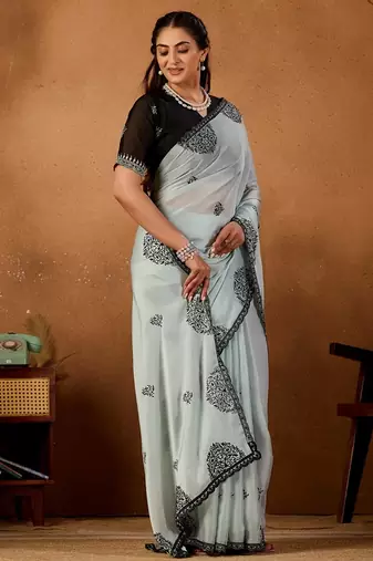 Light sky blue rangoli madala art embroidered saree
