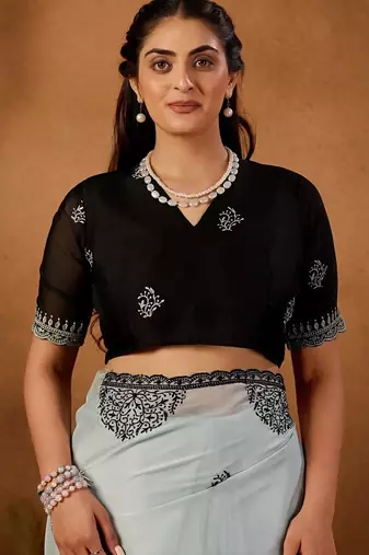 Light sky blue rangoli madala art embroidered saree