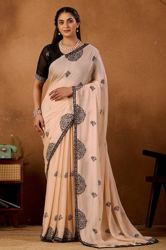 Light yellow rangoli madala art embroidered saree