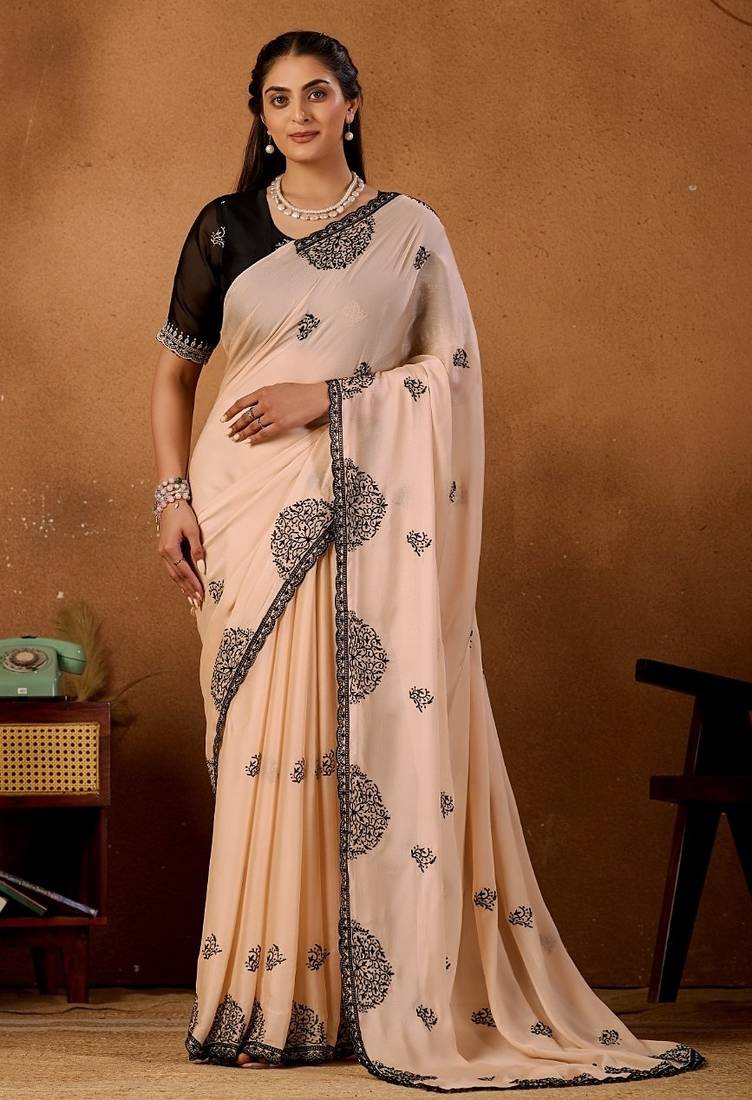 Light yellow rangoli madala art embroidered saree