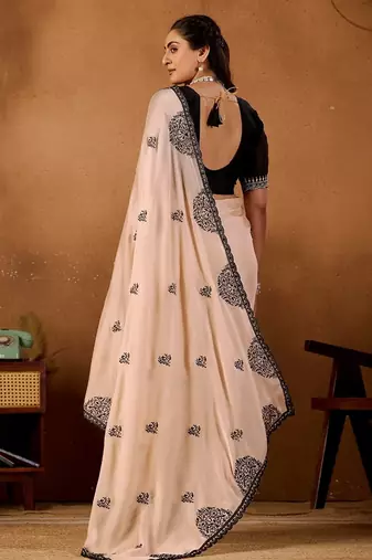 Light yellow rangoli madala art embroidered saree