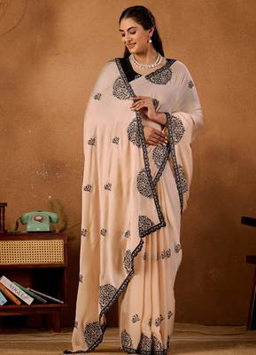 Light yellow rangoli madala art embroidered saree 3