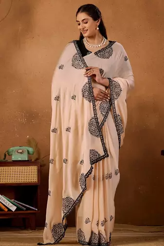 Light yellow rangoli madala art embroidered saree