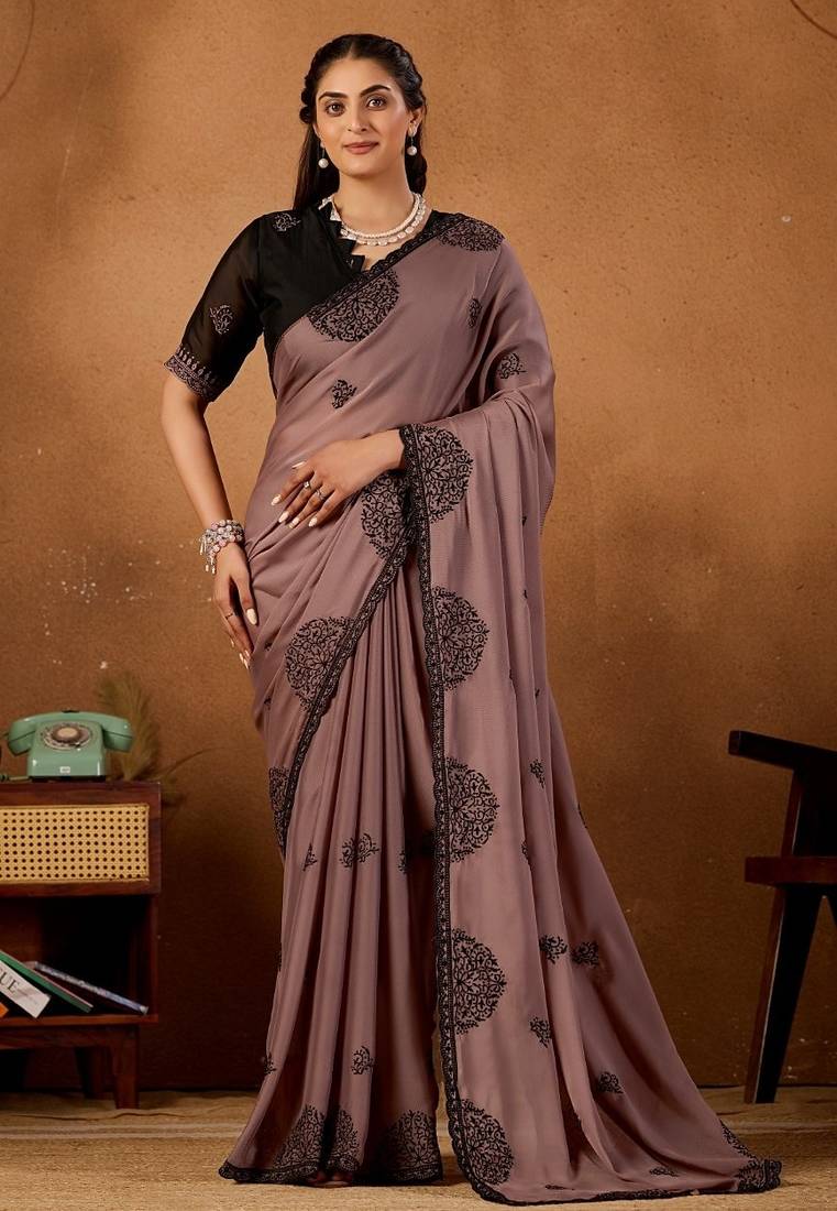 Mauve rangoli madala art embroidered saree