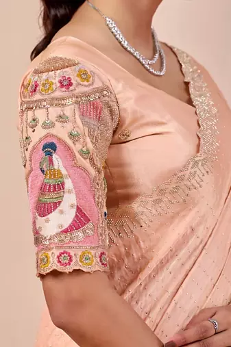 Peach glory satin two-tone embroidered saree