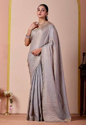 Light grey glory satin two-tone embroidered saree 1