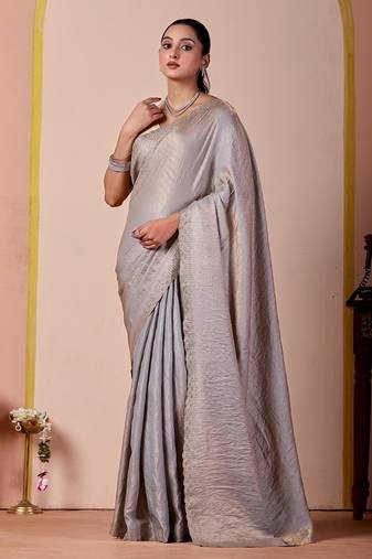 Light grey glory satin two-tone embroidered saree