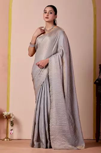 Light grey glory satin two-tone embroidered saree
