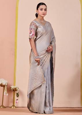 Light grey glory satin two-tone embroidered saree 2