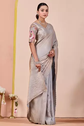 Light grey glory satin two-tone embroidered saree