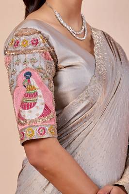 Light grey glory satin two-tone embroidered saree 3