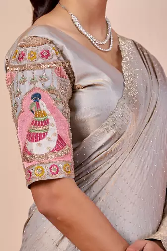 Light grey glory satin two-tone embroidered saree