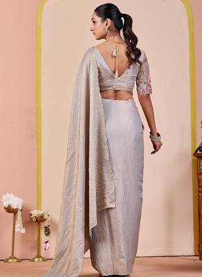 Light grey glory satin two-tone embroidered saree 4
