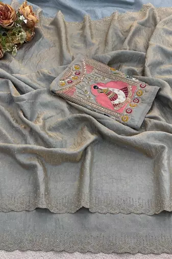 Light grey glory satin two-tone embroidered saree