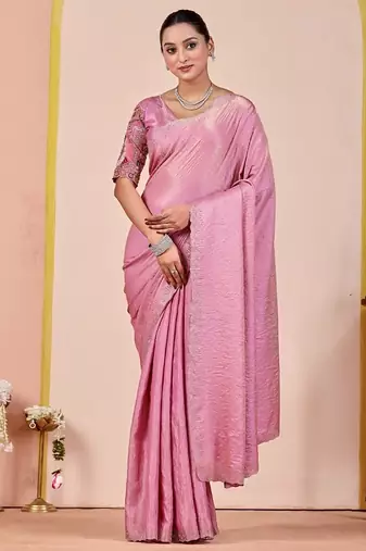 Pink glory satin two-tone embroidered saree