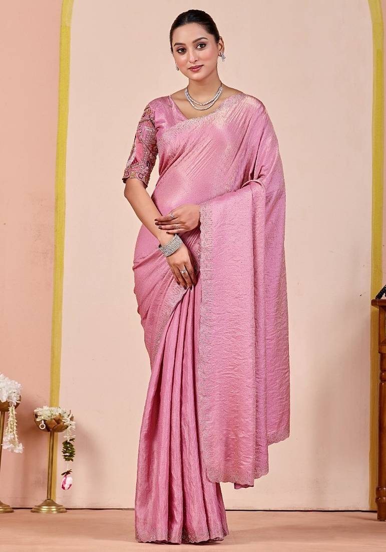 Pink glory satin two-tone embroidered saree