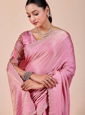 Pink glory satin two-tone embroidered saree 4