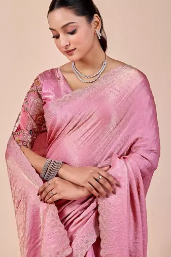 Pink glory satin two-tone embroidered saree