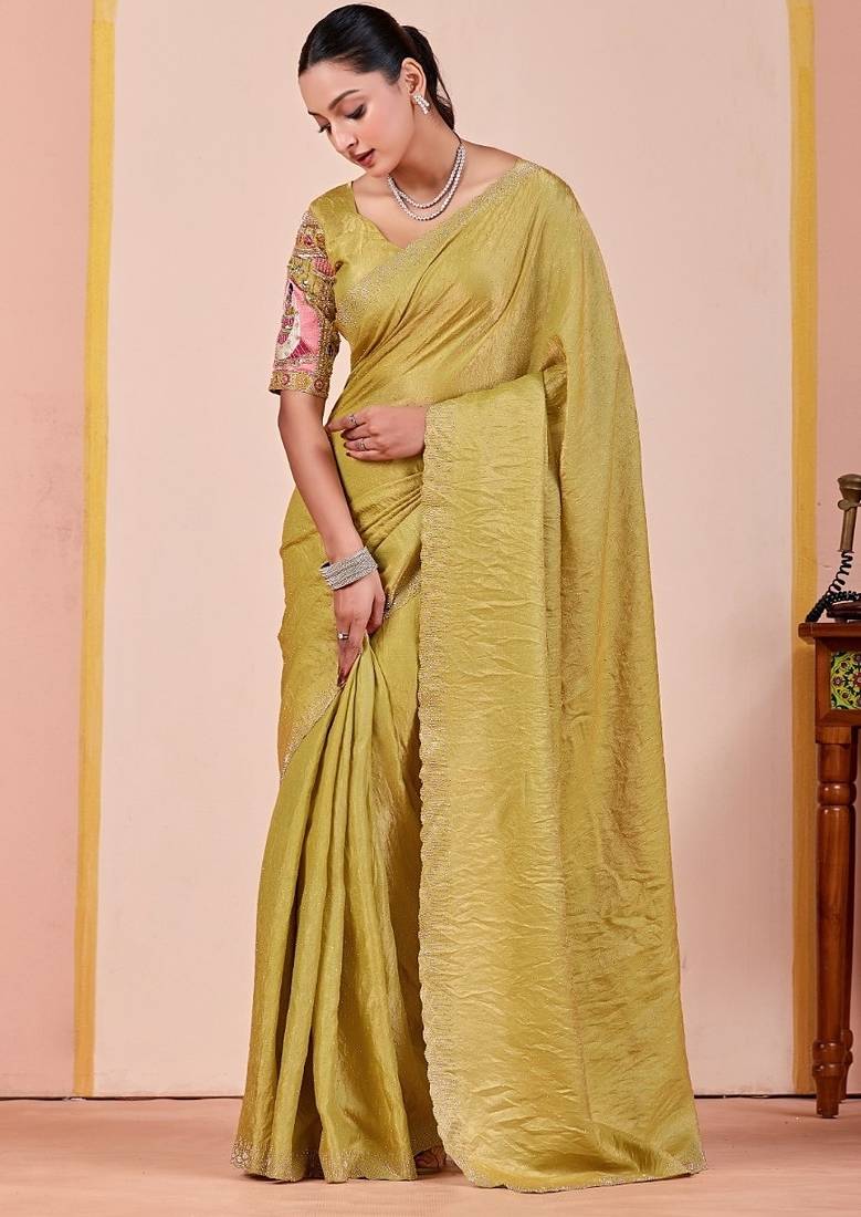 Light green glory satin two-tone embroidered saree