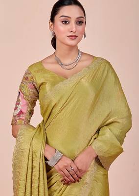 Light green glory satin two-tone embroidered saree 4