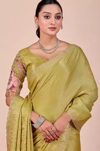 Light green glory satin two-tone embroidered saree