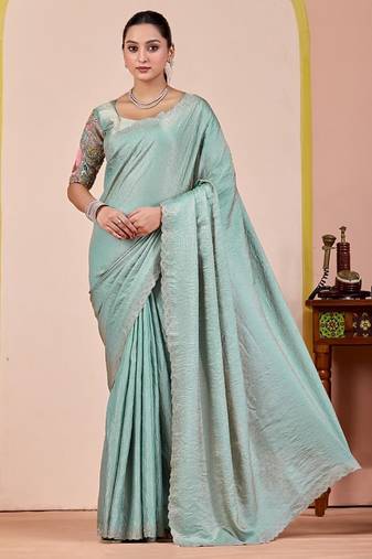 Sky blue glory satin two-tone embroidered saree
