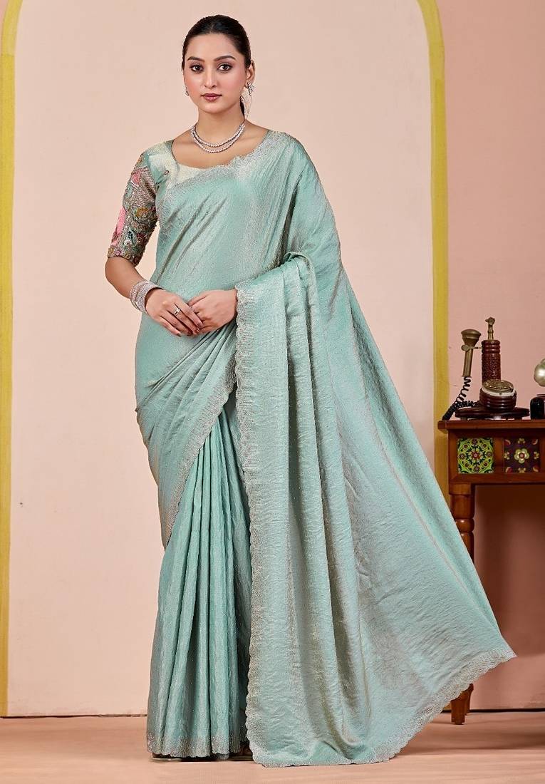 Sky blue glory satin two-tone embroidered saree