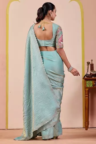 Sky blue glory satin two-tone embroidered saree