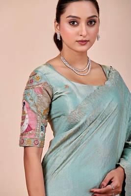 Sky blue glory satin two-tone embroidered saree 4