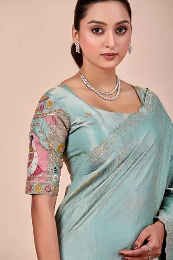 Sky blue glory satin two-tone embroidered saree