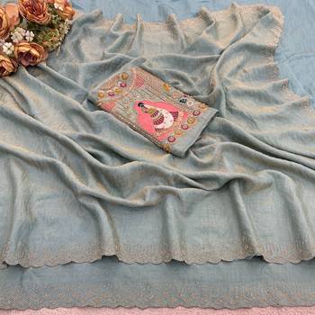 Sky blue glory satin two-tone embroidered saree 5