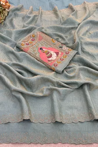 Sky blue glory satin two-tone embroidered saree