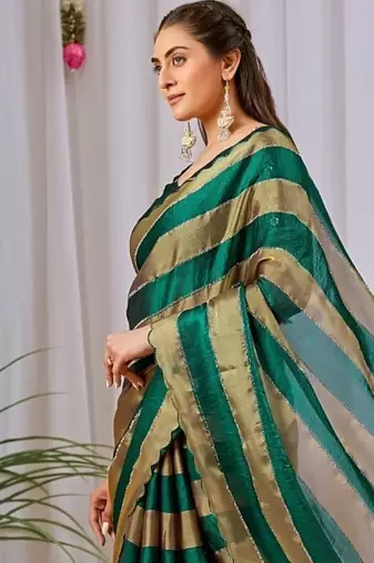 Green nc satin patta shadow swarovski saree