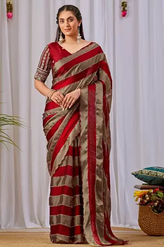 Maroon nc satin patta shadow swarovski saree