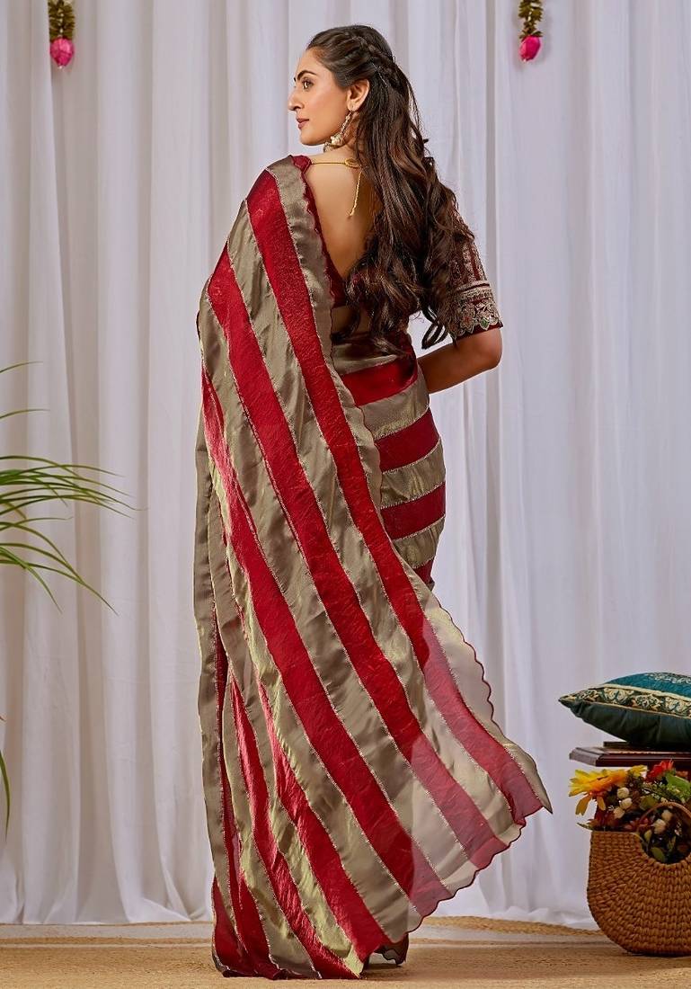 Maroon nc satin patta shadow swarovski saree
