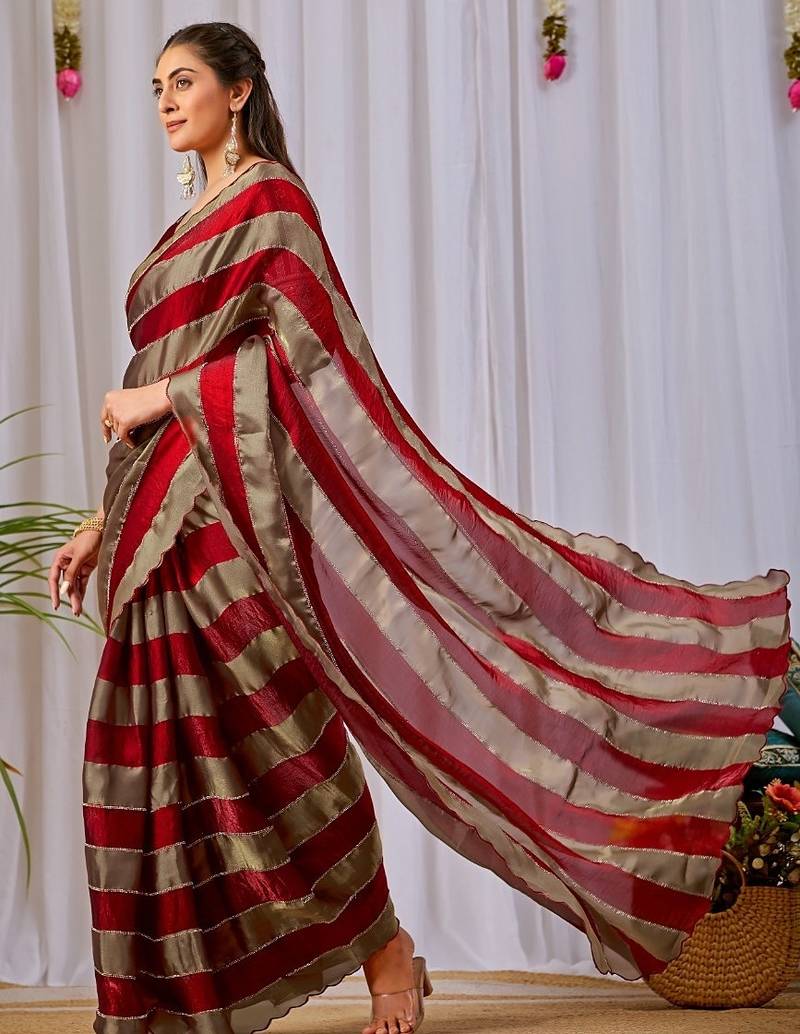Maroon nc satin patta shadow swarovski saree