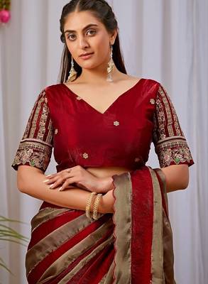 Maroon nc satin patta shadow swarovski saree 4
