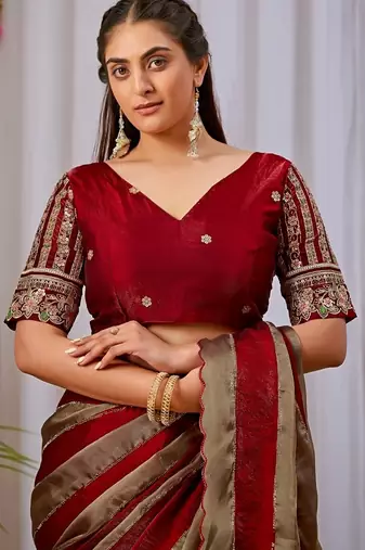Maroon nc satin patta shadow swarovski saree