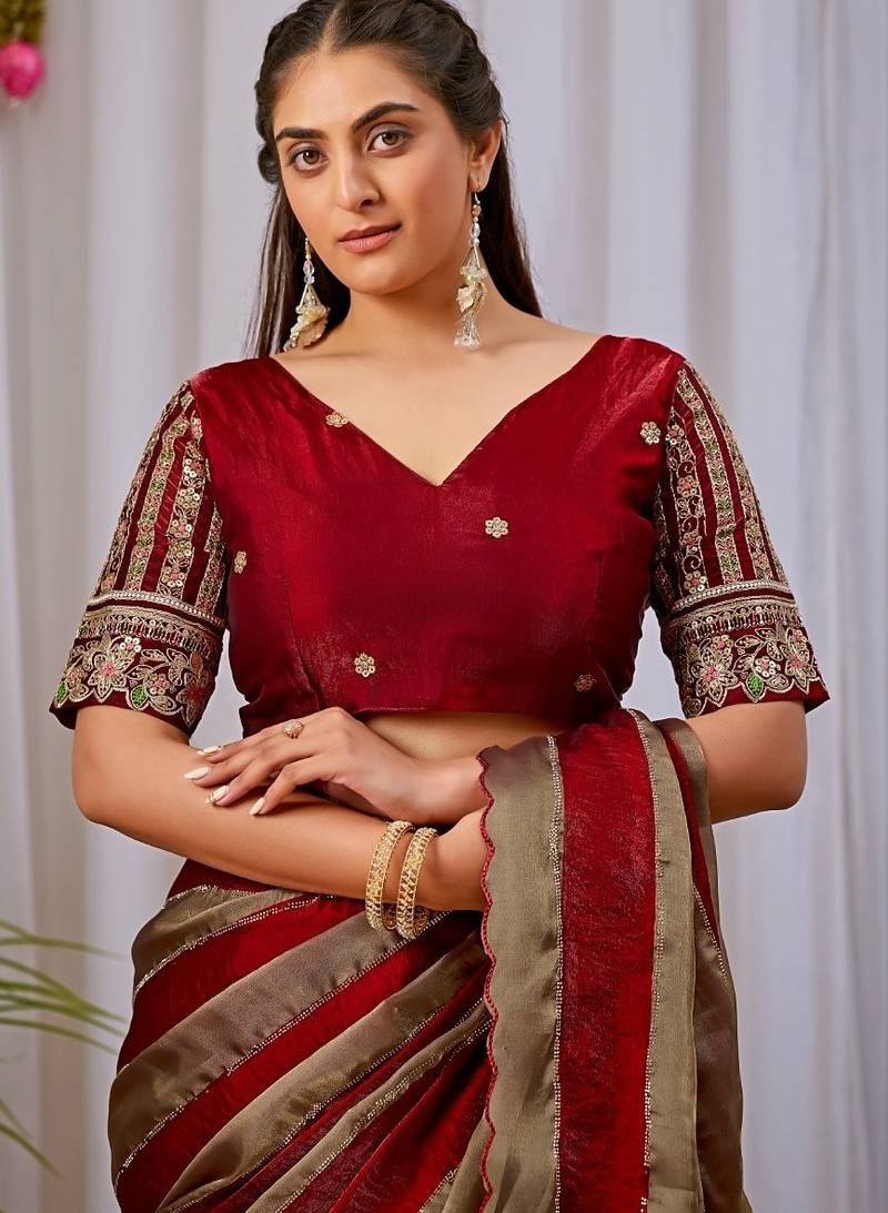 Maroon nc satin patta shadow swarovski saree