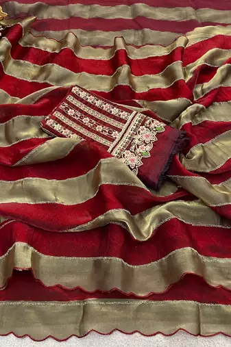 Maroon nc satin patta shadow swarovski saree